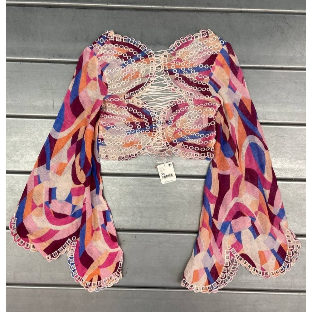 Free People Multicolor Crochet Sequin Bell Sleeve Crop Top